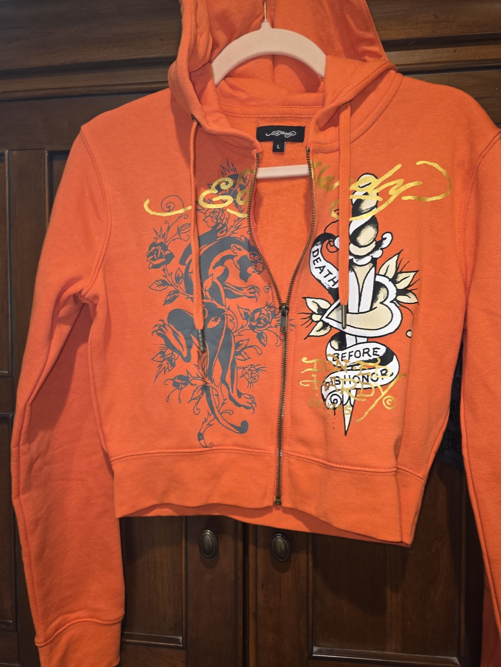 Ed Hardy Orange Graphic Zip-Up Hoodie Jacket - Women